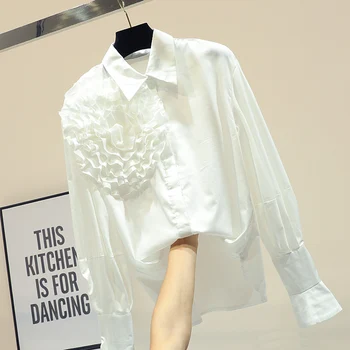 

2019 New Spring Autumn Long Sleeve White Female Blouses Loose Flower Decoration Lantern Sleeve French Shirts Women Top