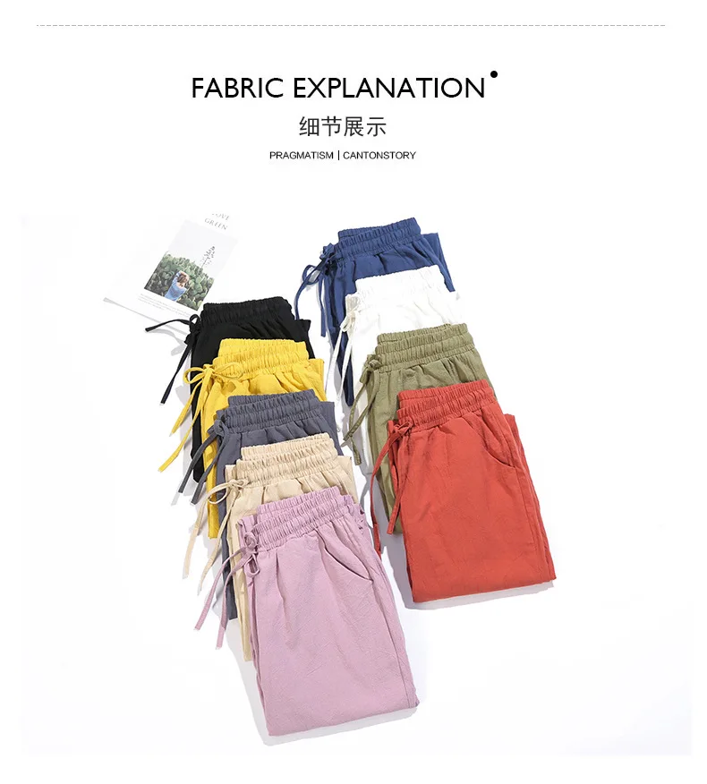 Spring Cotton Linen Pants Plus Size Loose Women Ankle Length Harem Pants Pocket Elastic High Waist Casual Trousers Orange Black