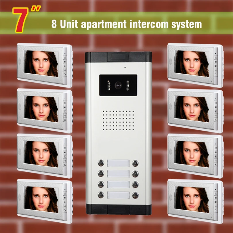 

8 units Apartment Video Intercom System 7 Inch Monitor Video Door Phone doorbell kit for apartment visaul intercom entry system