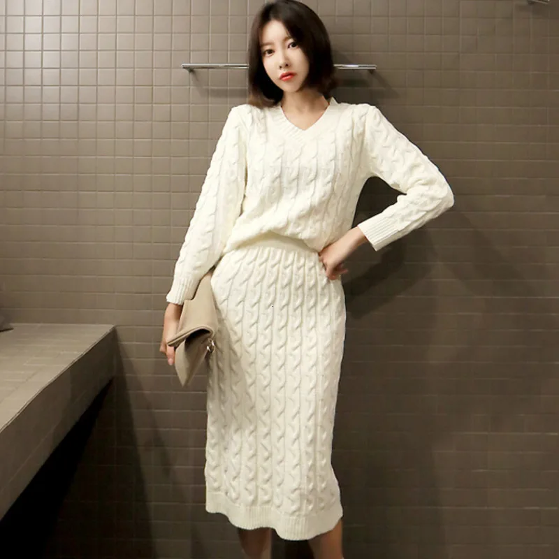

2019 Newest autumn Winter Knitting two Piece Women's Set Casual V Neck Loose Pullover Sweater+Package Hip Midi Skirt Suit Office