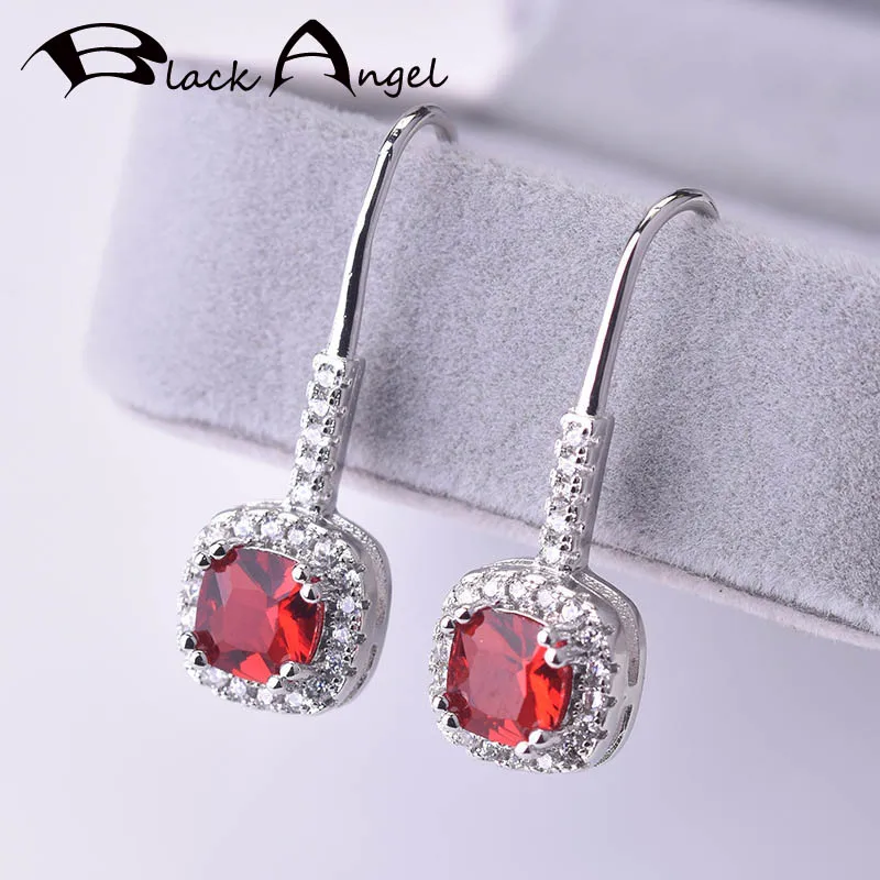 

BLACK ANGEL Four Claw Round Ruby Gemstone Sapphire 925 Sterling Silver Moissanit Drop Earrings For Women Wedding Gift