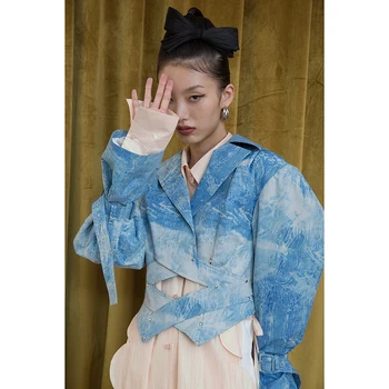 

SuperAen Streetwear New Fashion Autumn Artist Printed Vintage Girdle Jacket Cropped Puff Sleeve Denim Jacket Women