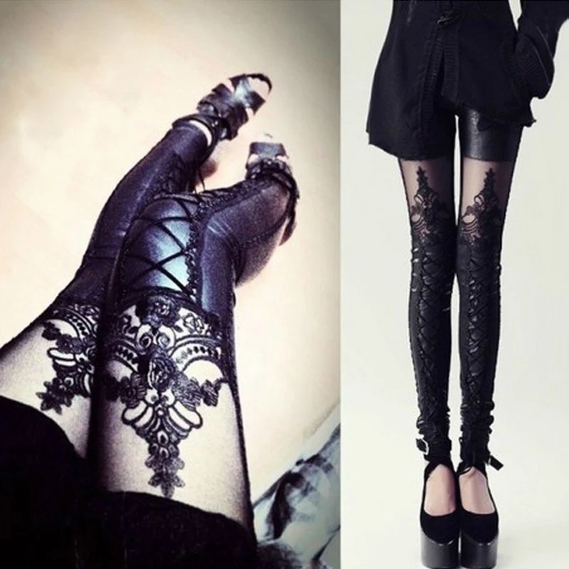 Stylish Sexy Women Faux Leather Gothic Punk Leggings Pants Lace Skinny Nine-point Trousers Leather Pants Belt Imitation A2E9 nvgtn leggings