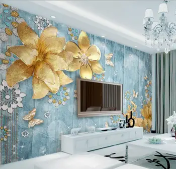 

3d mural customization Mediterranean TV background wall flowers butterfly jewelry film wall paper relief large mural