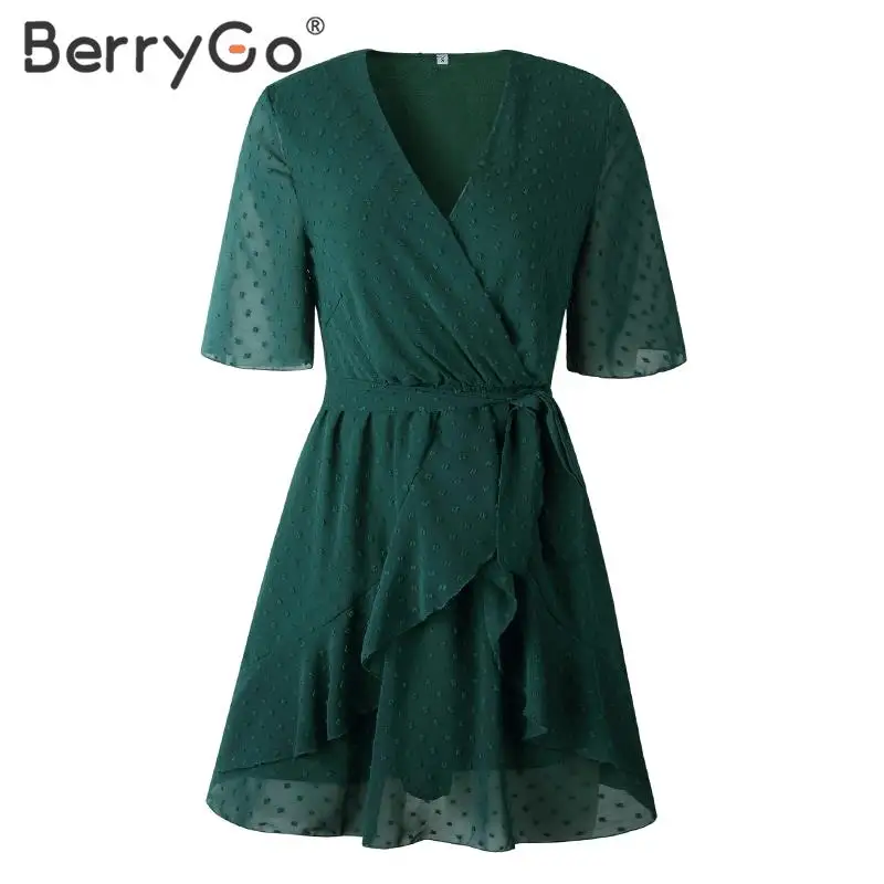 Dark green BerryGo повседневные летние платья с v-образным вырезом, женское платье трапециевидной формы с оборками и поясом, пляжные короткие платья с цветочным рисунком - Цвет: Dark green
