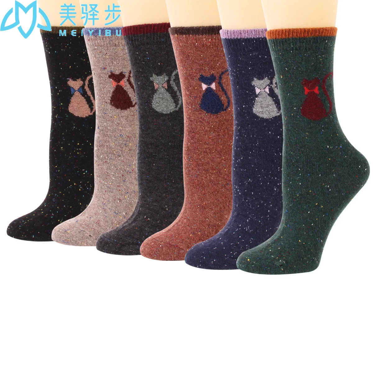 

12 пар в комплекте; Шерстяные носки для девочек; Утепленные мягкие шерстяные носки с милым рисунком кота; Прямая продажа с фабрики