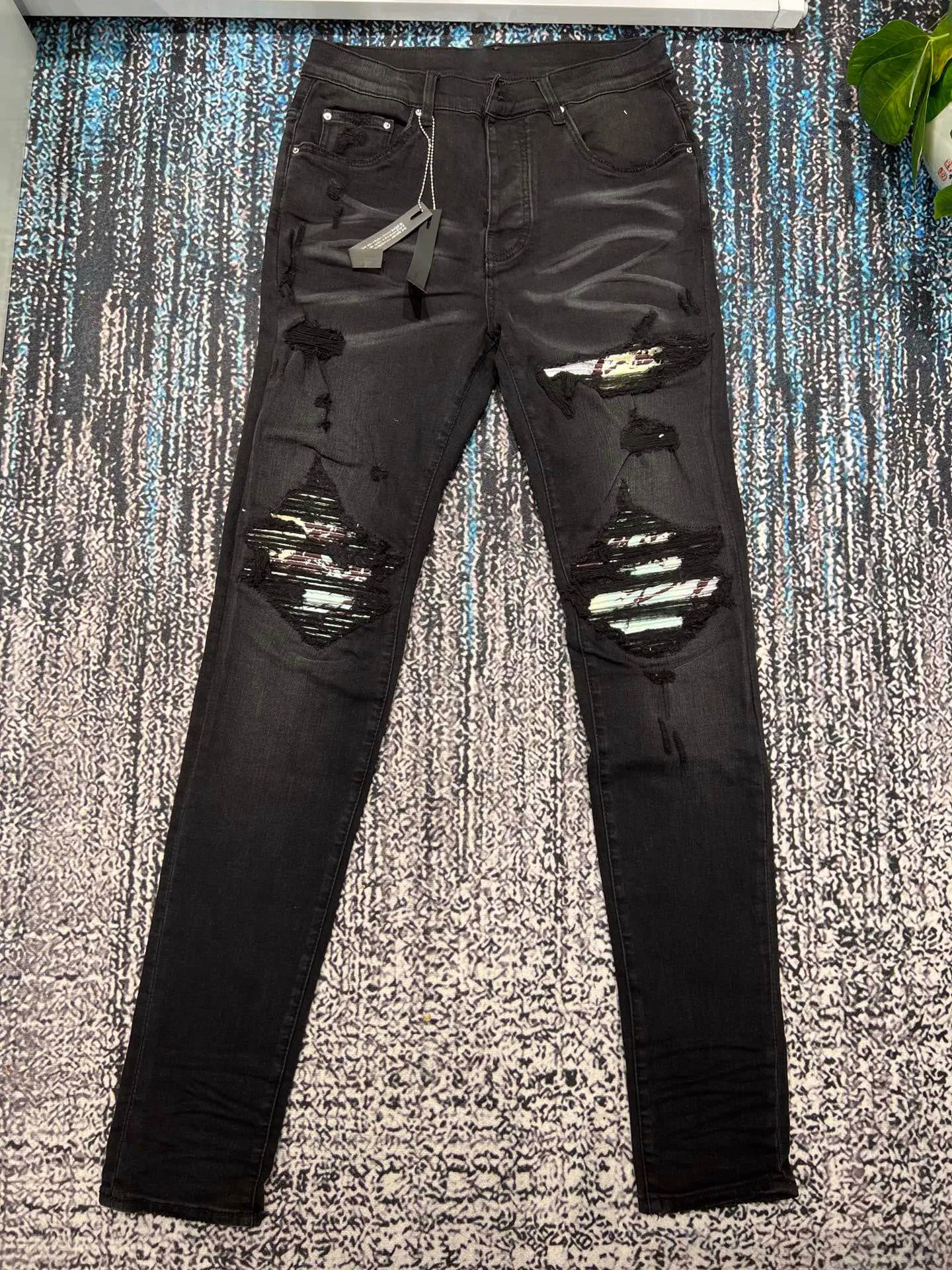 men marble patch distressed skinny black jeans AliExpress