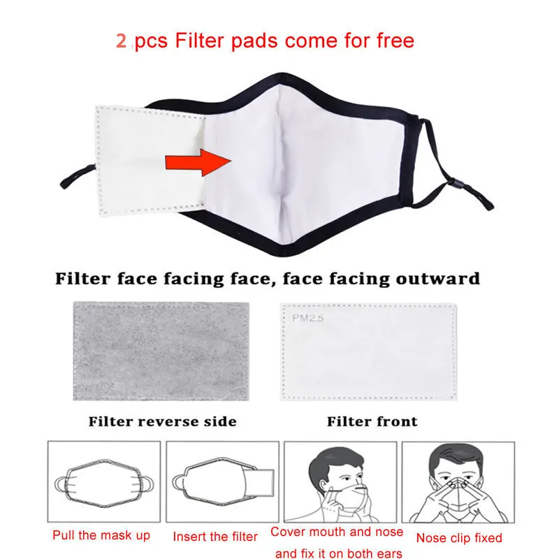 Kpop Cotton Black Mask Mouth Face Mask Anti Dust Mask with 2pcs Activated Carbon Filter Korean facemask Washable Face Mask 6