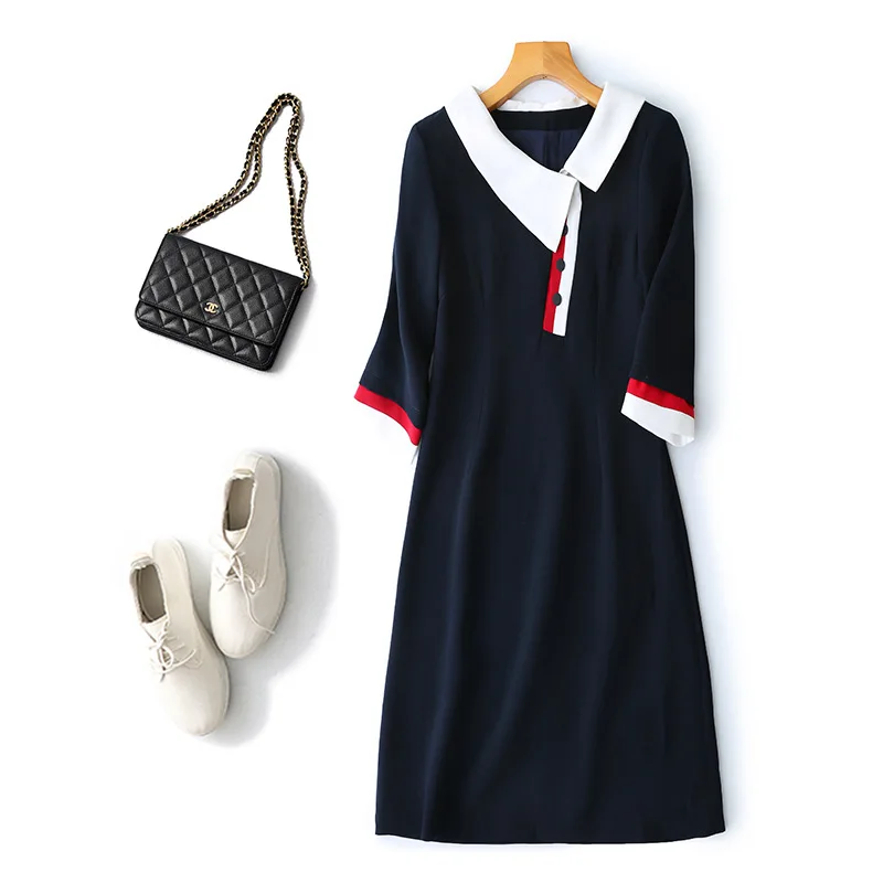 

Women Runway Dress 2019 High Quality Peter Pan Collar Patchwork Buttons Elegant Dress Work Dress Casual Dresses