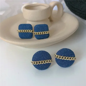

Korean Fashion jean Round Square Fabric design with Gold Plating Twsited Accent Vintage Neutral Stud Earring Sterling Silver925