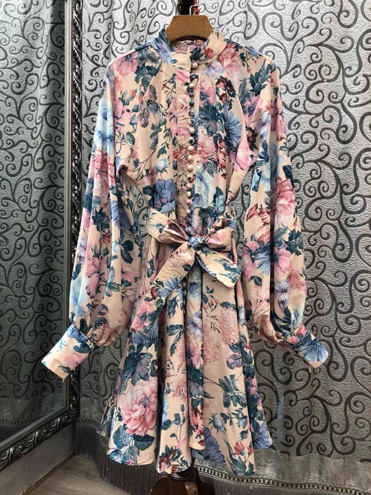 

2019 Early autumn new women's round collar waist tie tie-in waist decorative printed long-sleeved dress 904