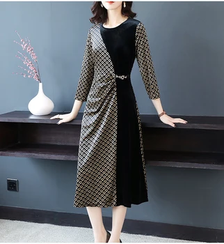 

2019 autumn new women's gold velvet dress slim fit high-end European and American style ladies autumn and winter dress