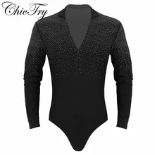 Взрослые мужские блестящие стразы v-образный вырез воротник стойка длинный рукав Бальные латинские танго Румба Танец трико для танцев с рубашкой боди футболка Топы