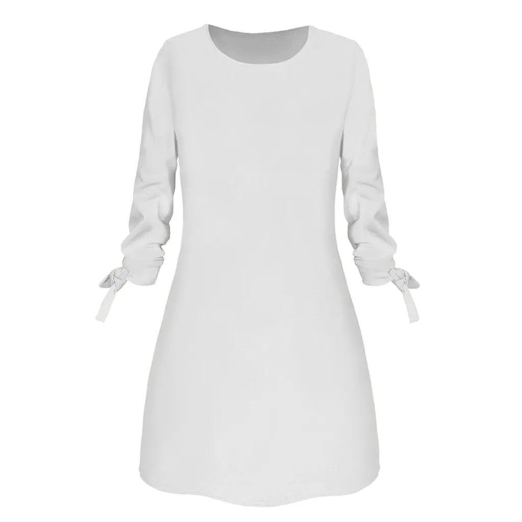 Dress Women платье Fashion Casual O-neck Solid Three Quarter Bow Elegant Straigth Dress Spring Loose Mini Dresses Free Ship Z4
