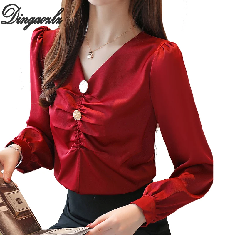 

Dingaozlz Korean Fashion V-collar Women clothing Button design Office lady blouse blusa feminina Long sleeve Chiffon shirt Tops
