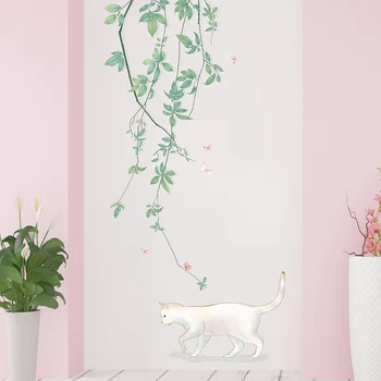 

[shijuekongjian] Green Plant Leaves Wall Stickers DIY Cat Animal Wall Decals for Living Room Kids Bedroom House Decoration