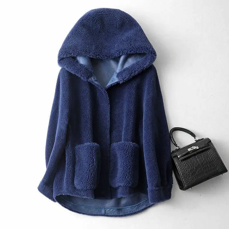 

2020 New Sheep Shearing Coat With Big Hat Women Real Sheep Wool Jacket Wool Coat Size Is Big Free Shipping