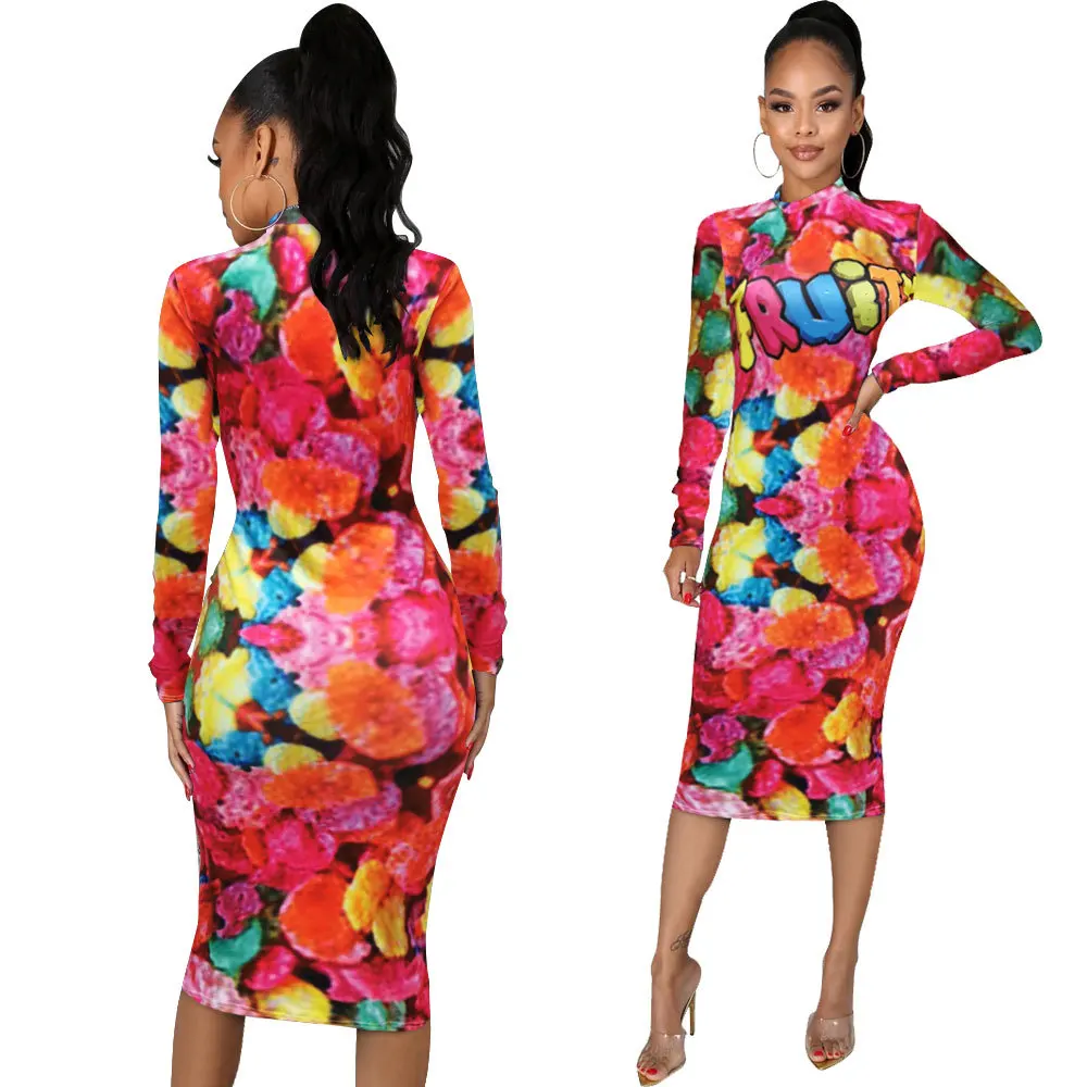 Sexy Women Candy Printed Long Sleeve Bodycon Autumn Winter Dress Fashion Club Sheath Wrap Slim Dresses 3 Colors