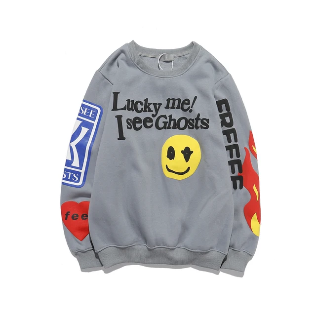 KANYE Smiley Flame Print Round Neck Sweatshirt Men and Women Plus Velvet Streetwear Stranger Things Hoodie Pullover Mens Hoodies 3