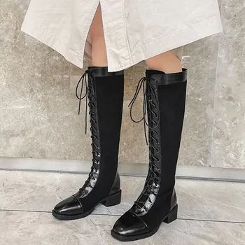 

Oversized boots women woman winter boots women women shoes botas Splice cross binding square head