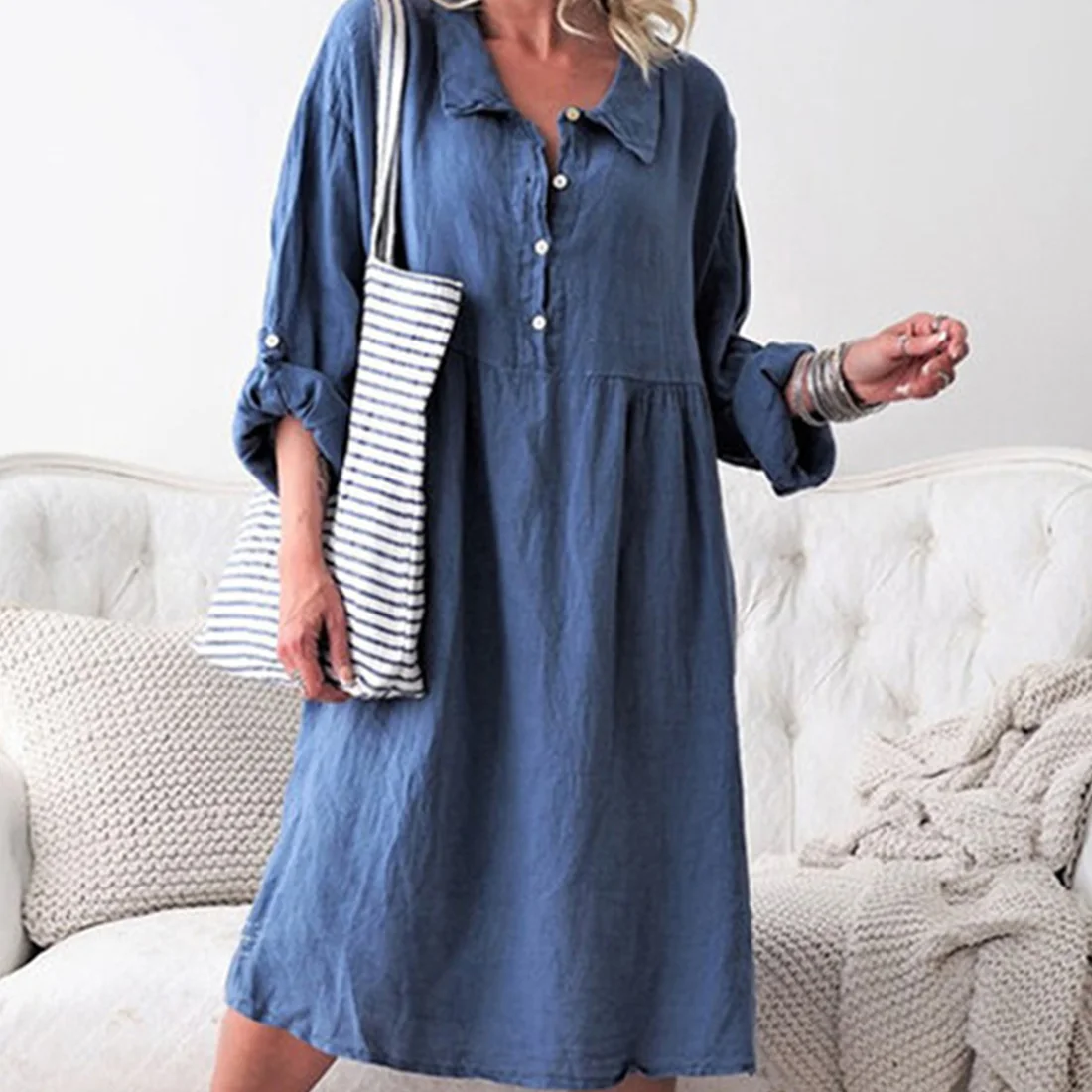 

Casual Solid Color Women Dress Front Button Soft Long Sleeve Cotton Linen Daily Home Outwear Loose Fit Shopping Office