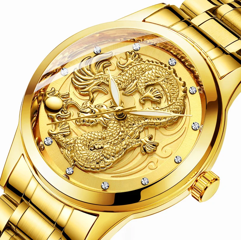 

FNGEEN Brand Men Luxury Golden Dragon Quartz Watch Business Mens Wrist Watches