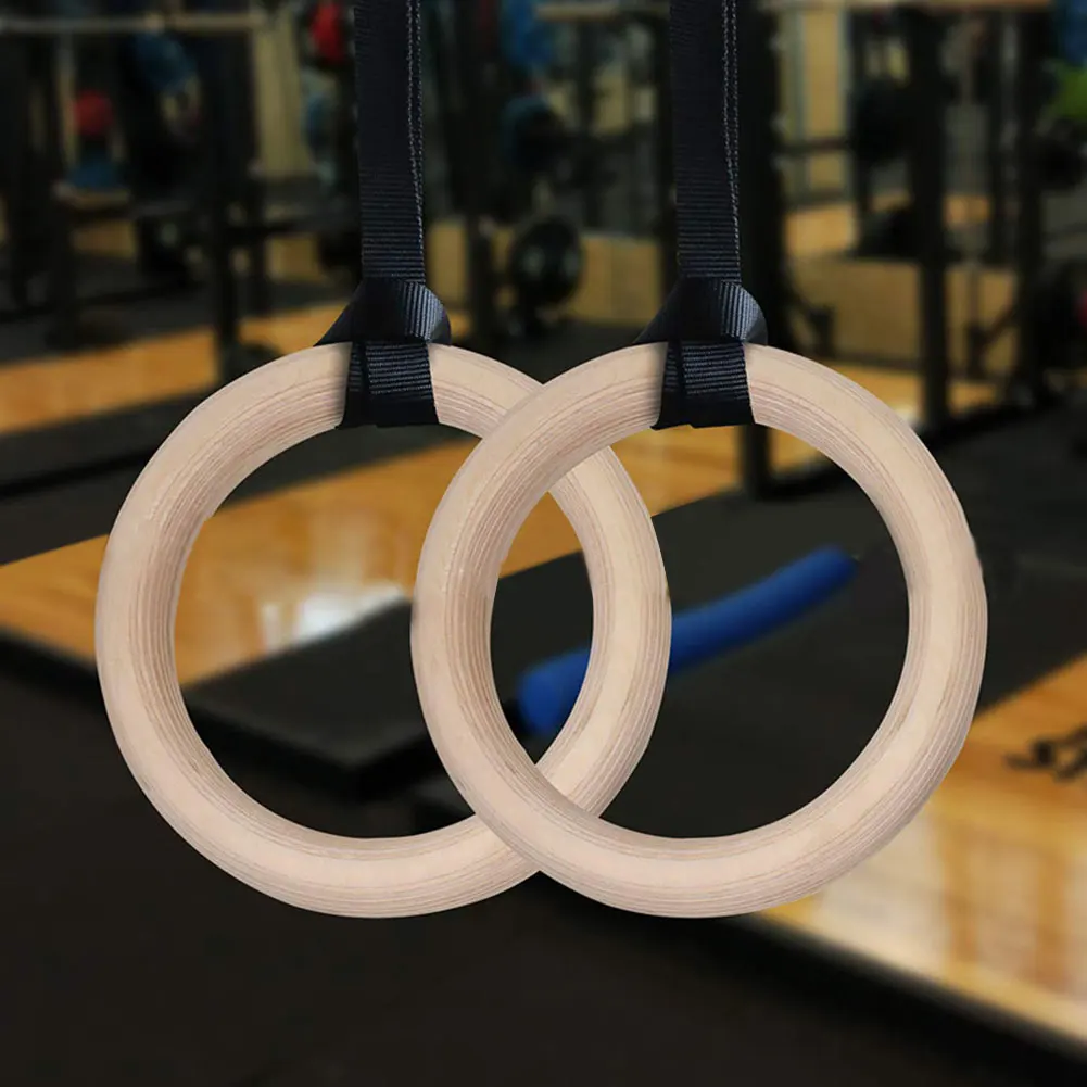 Fitness Home Wood Gym Exercise Gymnastics Rings Set Buckle Straps Pull Ups 