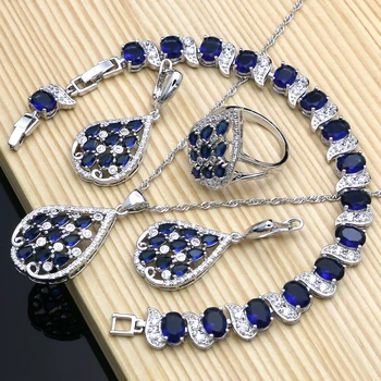 

Graceful Silver 925 Bridal Jewelry Sets Blue Sapphire Stone White Crystal Bracelet Necklace Set for Women Party Dropshipping
