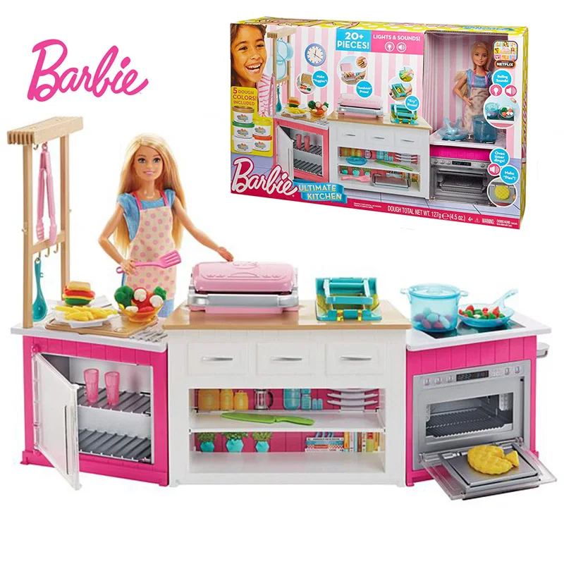 US $122.79 Original Brand Barbie Doll Cooking Set Ultimate Kitchen Baby Bonecas Toys for Girls Children Education toys Birthdays Gifts