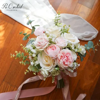 

PEORCHID 2020 Champagne&Pink Peonies Wedding Bouquet Roses Damas De Honor Bridal flowers Artifical Throw Away Bouquet