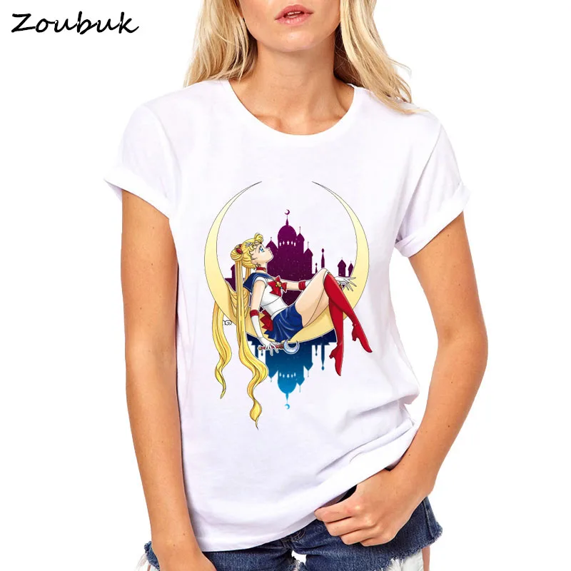 

women sailor moon print T shirt O neck short sleeve basic tees ladies summer casual white tops camisetas femme tops