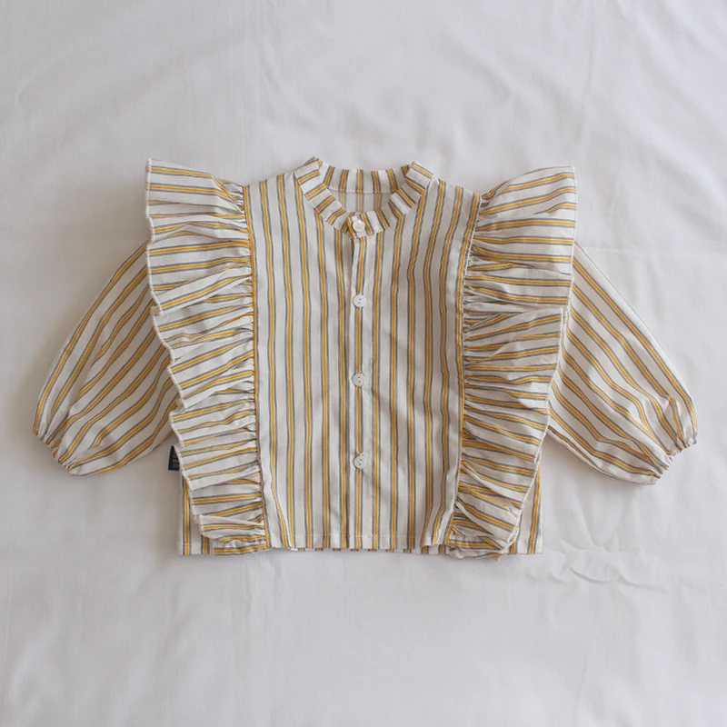 Kids Shirts Autumn Baby Girls Ruffles Princess Blouses Plaid Striped Long Sleeve Tops Korean Style Toddlers Kids Clothes Infants