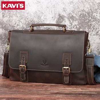

KAVIS Men's Bag Vintage Male Genuine Leather Briefcase Shoulder Messenger Laptop Handbag Coffee Large Capacity Travel Men Bags