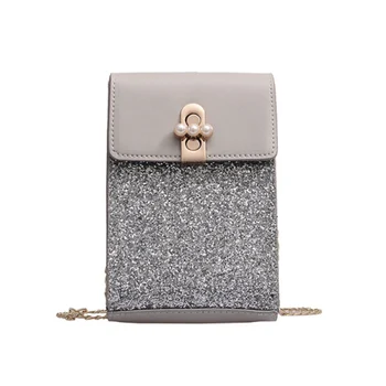 

Mini Mobile Phone Women Bag 2019 New Pearl Lock Small Square Bag Cute Sequins Pu leather Shoulder Messenger Bags