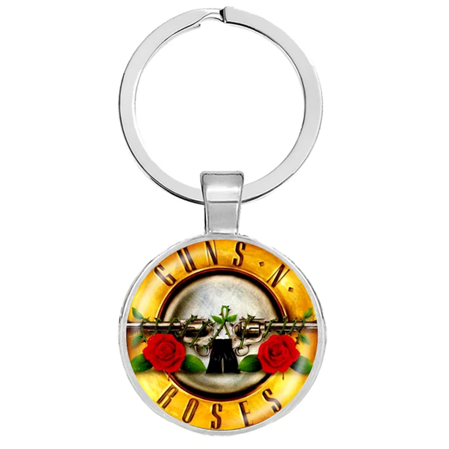

Trendy Guns N Roses Keychains Art Picture Glass Dome BPGNR Logo Keyring Steampunk Music Band Pendant Key Chain Jewelry