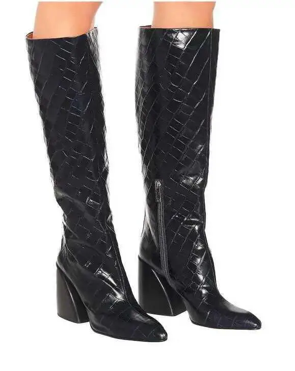 

Runway Dark Brown Black Leather Knee High Boots Women Pointed Toe Embossing Pattern Womens Shoes Side Zipper Zapatos De Mujer