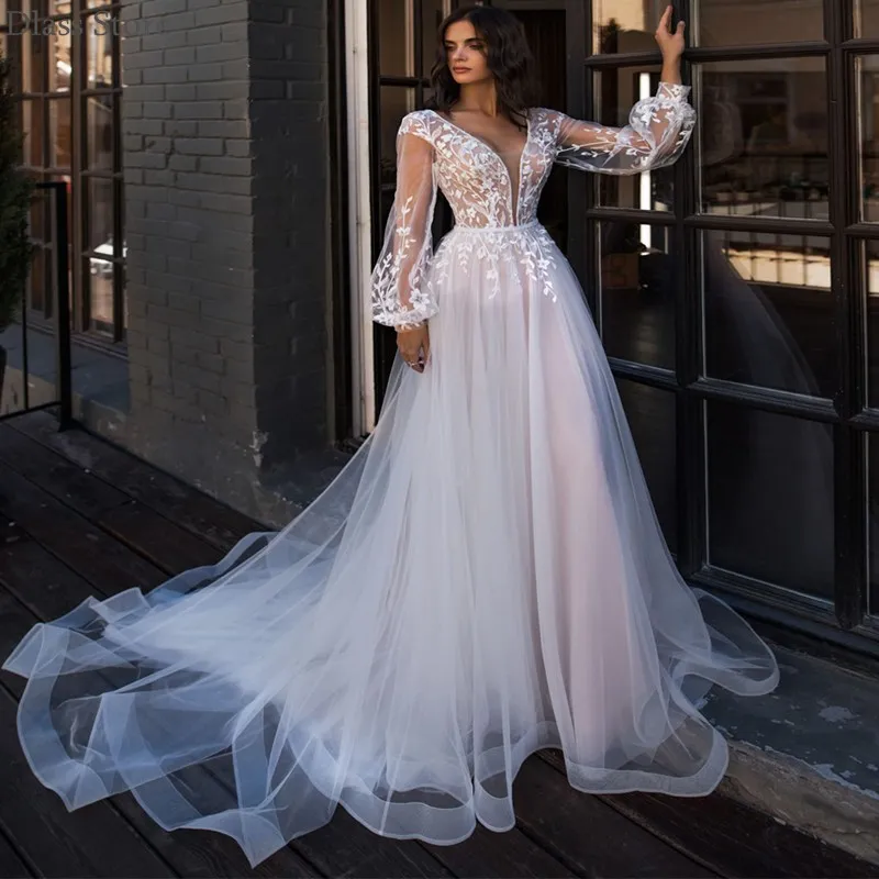 

Simple Wedding Dress Sweep Train A-line Long Sleeves Tulle Sexy V-neck Backless 2021 Bridal Dress robe de soirÃ©e de mariage