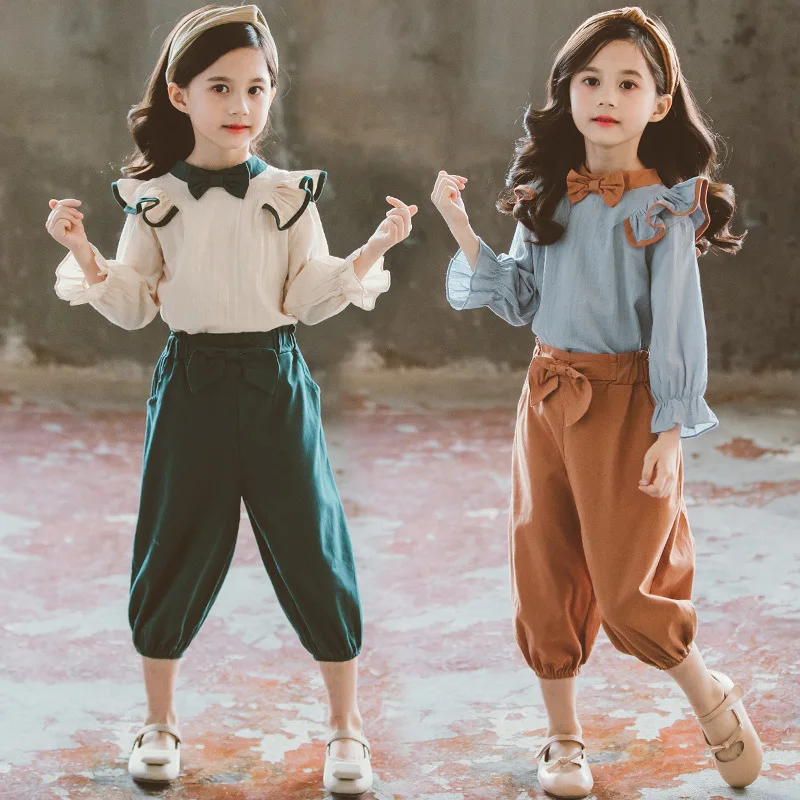 

2020 Autumn New Style Korean-style Girls Frilled Shirt Set Big Boy Bow Harem Pants Two-Piece Set