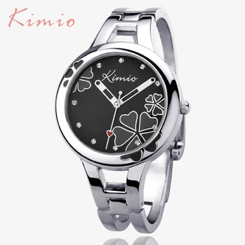 

NO.2 Kimio Brand Women's Bracelet Watch Stainless Steel Clover Crystal Ladies Dress Watches Black Quartz-watch Relogio Feminino