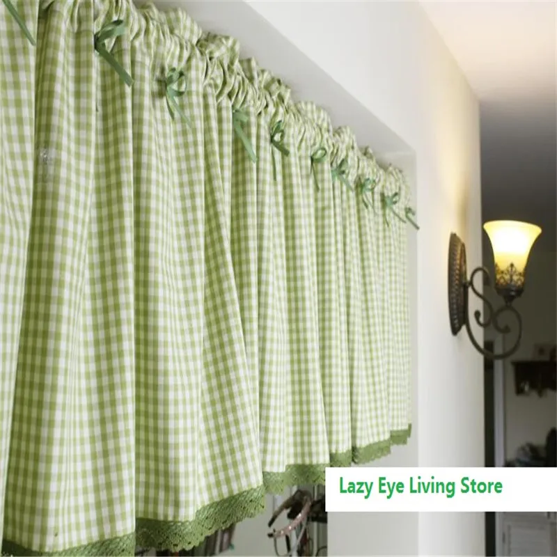 

Free Shipping high quality pastoral green plaid Curtain Lovely bowknot Lace Coffee Curtain Kitchen Short Curtain Small Curtain