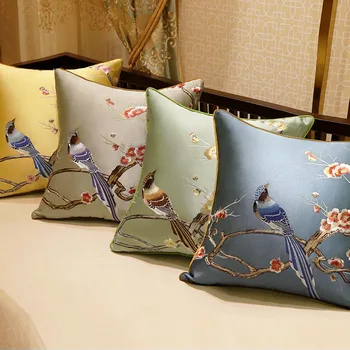 

elegant Chinese style flower birds embroidery cushion cover sofa embroidered pillowcase throw pillow cover backrest