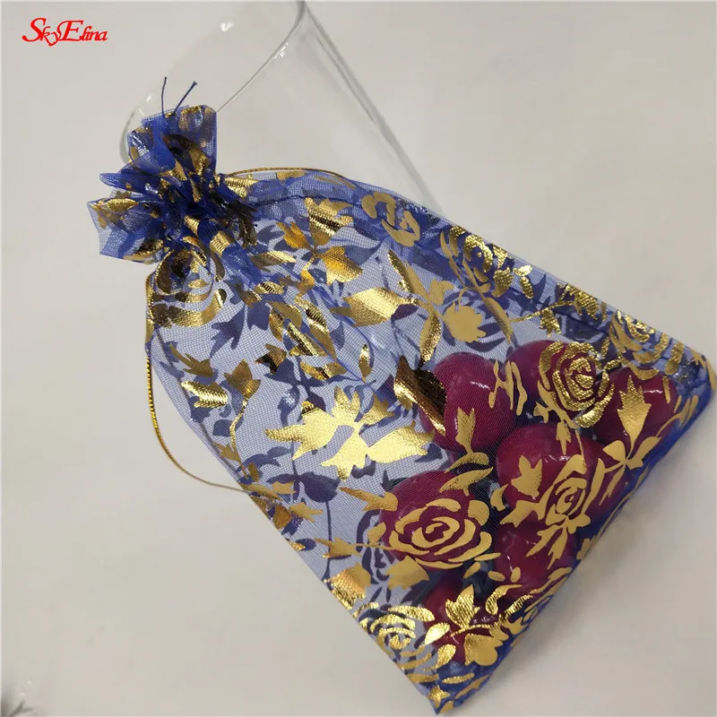 50 шт., 7x9, 9x12, 11x16, 13x18, 15x20, 20x30 см, позолоченные розы из органзы, ювелирные изделия, сумки для свадебной вечеринки, украшения, сувениры, сумки для подарков 5Z - Цвет: Royal blue