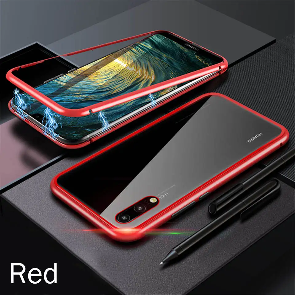 Clear With Red Металлический магнитный адсорбционный стеклянный чехол для huawei Honor 20 10 Lite Pro 8X Y5 P Smart Z чехол для телефона чехол - Цвет: Clear With Red
