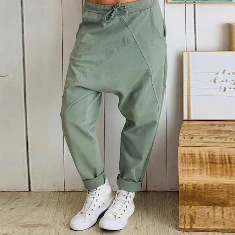 ZANZEA женские брюки с заниженным шаговым швом Модные женские длинные повседневные женские брюки с эластичной резинкой на талии Лоскутные Панталоны Mujer уличная одежда - Цвет: Армейский зеленый
