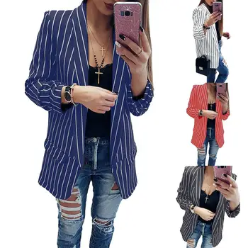 

Fashion Women Autumn Vertical Stripes Long Sleeve Cardigan Slim Blazer Jacket