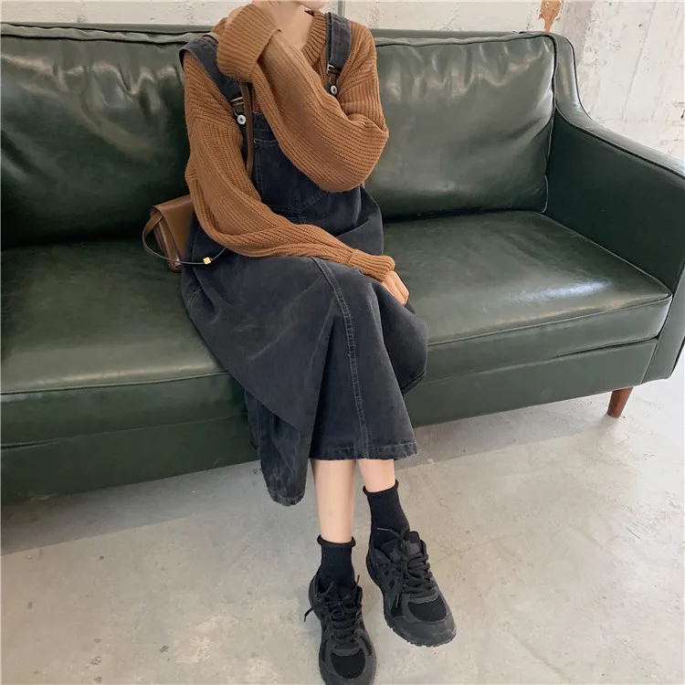 Корейский Ulzzang, осенне-зимний женский сарафан на подтяжках, черное Повседневное платье большого размера без рукавов, винтажное джинсовое длинное платье с карманами