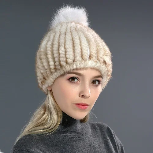 Beige Зимняя меховая вязаная шапка для женщин, меховые шапочки из натуральной норки, Шапка-бини с лисьим меховым шаром, женские наушники, головные уборы в Вертикальную Полоску - Цвет: Beige
