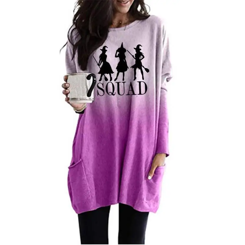 New Fashion Squad Letters Print Gradient Long Sleeve Pocket T-Shirt T-Shirt For Women Women Tops Cropped Plus Size