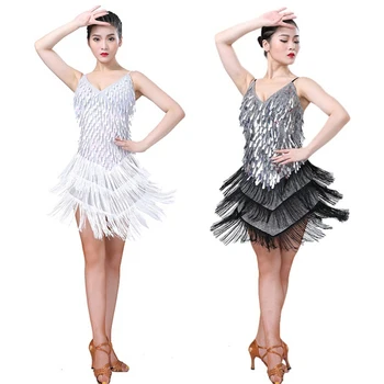 

Ladies drop sling deep V-neck sequined skirt multi-layer fringed skirt Latin dance performance clothing H6