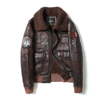 

ABOORUN Mens Vintage Suede Leather Jacket Embroidery Pilot MA 1 Bomber Jacket for Male R2847